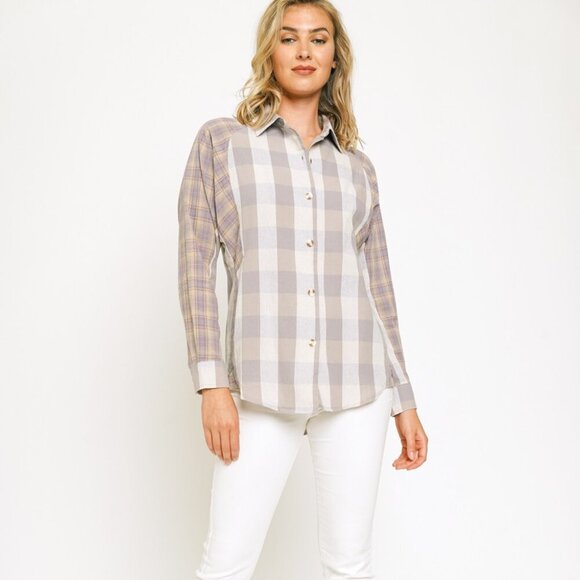 MYSTREE Plaid Button Down Shirt, Neutral Grey Beige Mix, Long Sleeve Oversized - Picture 3 of 6